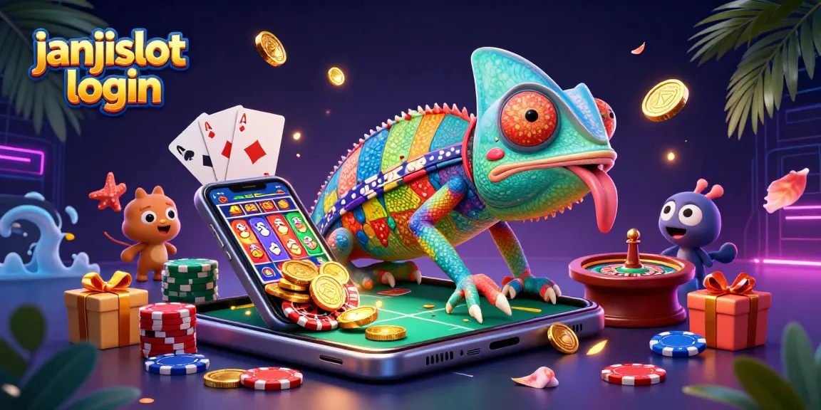 Experience gambling excitement with janjislot login, where a colorful chameleon owner interacts with vibrant slot games.