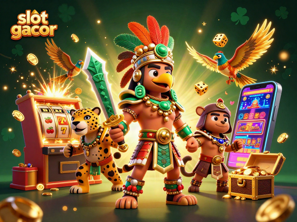 Engage with the slot gacor experience through this vibrant 3D illustration showcasing action-packed casino elements.