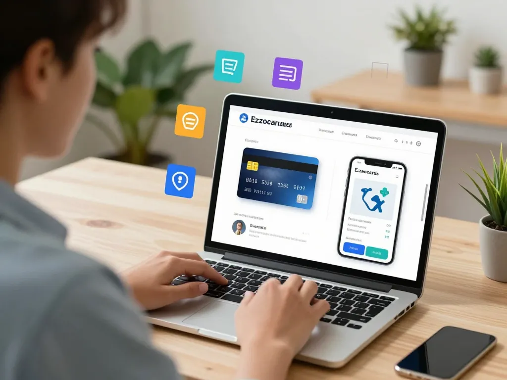 Ezzocards interface showcased by a user exploring virtual card services on a laptop in a modern workspace.