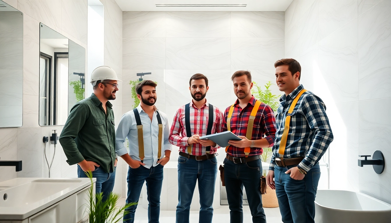 Skilled bathroom contractors near me collaborating in a modern bathroom renovation project.