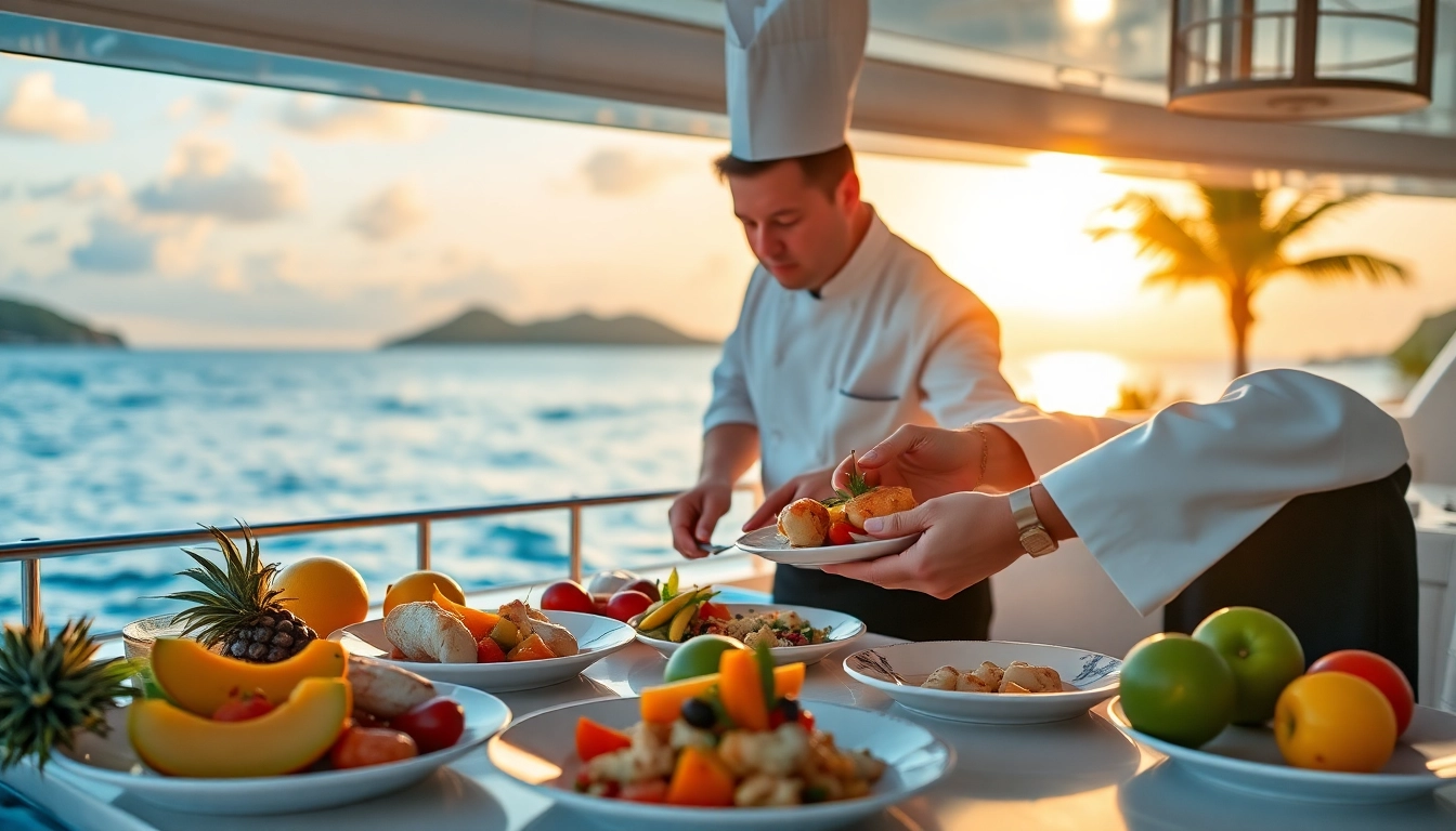 Experience luxury with a private chef St Martin preparing gourmet seafood on a yacht.