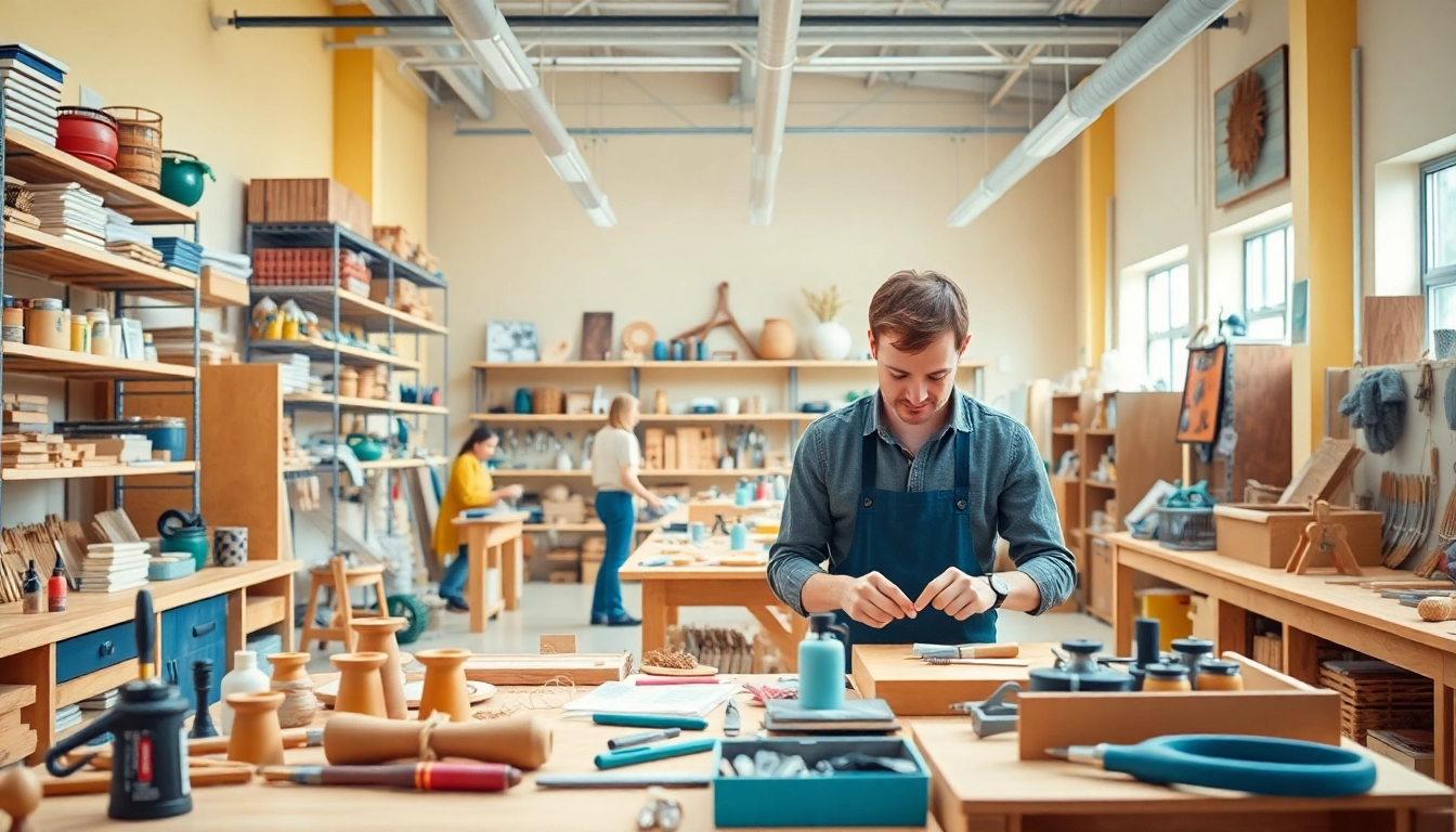 Craft training programs showcase artisans collaborating in a vibrant workshop, filled with tools and materials.