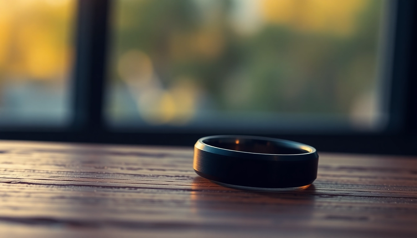 Showcasing an intricately designed Black Zirconium Rings on elegant wooden surface.