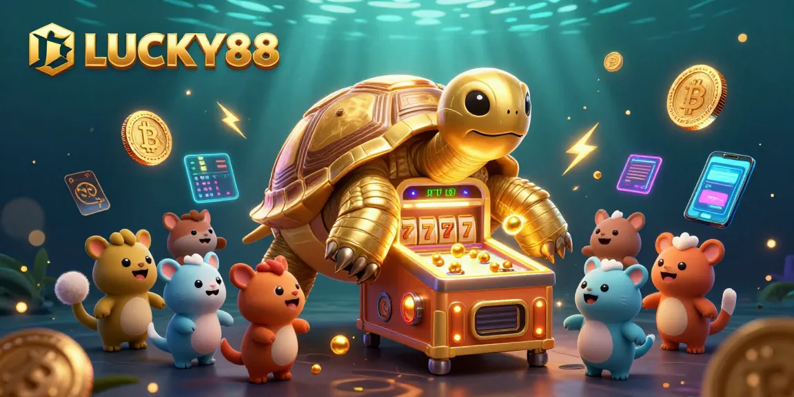 Engage with LUCKY88 slot reels featuring a colossal tortoise pinball machine, surrounded by lively characters.