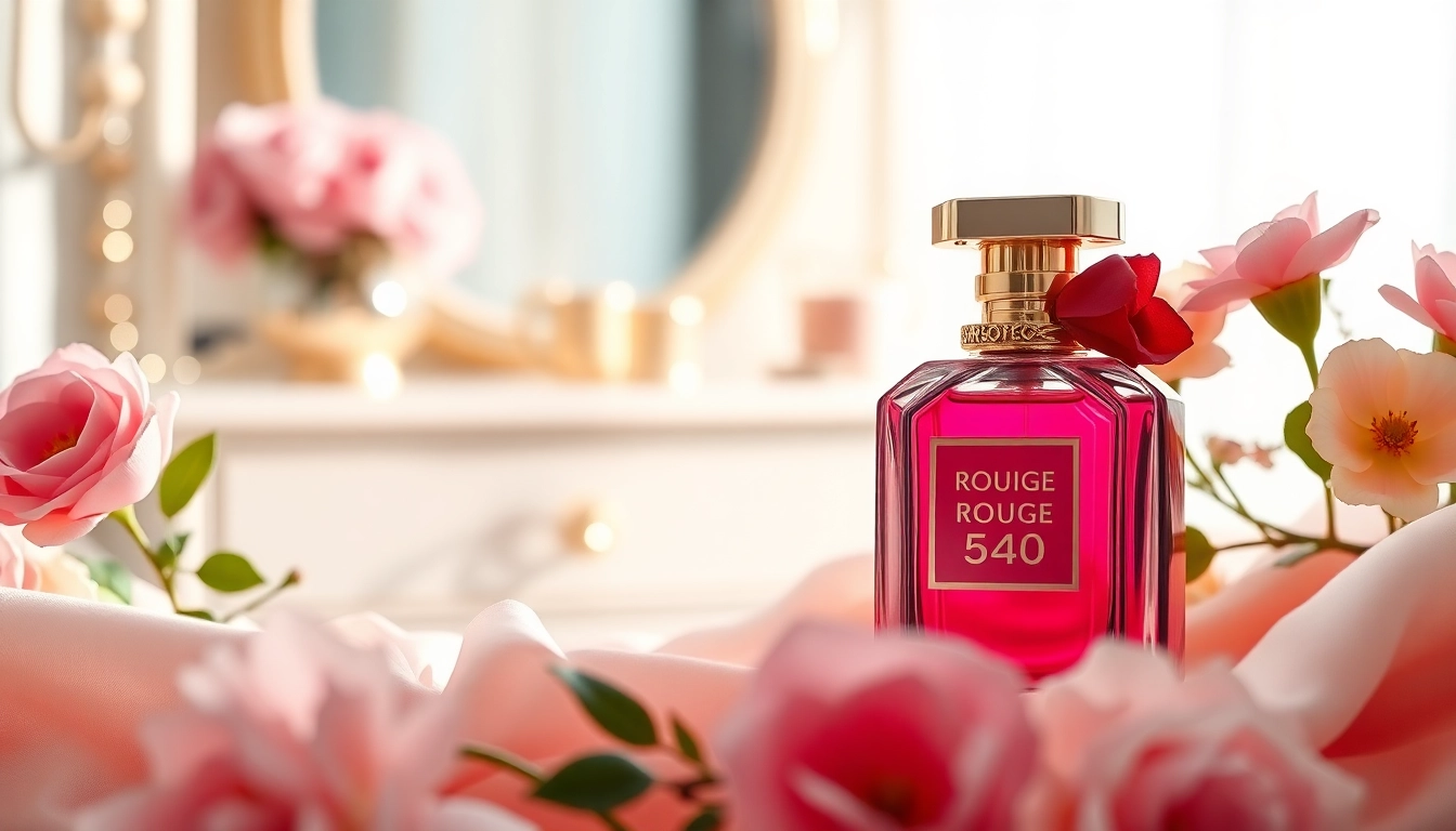 Showcasing the luxurious Rouge 540 fragrance bottle among elegant florals and soft fabrics.