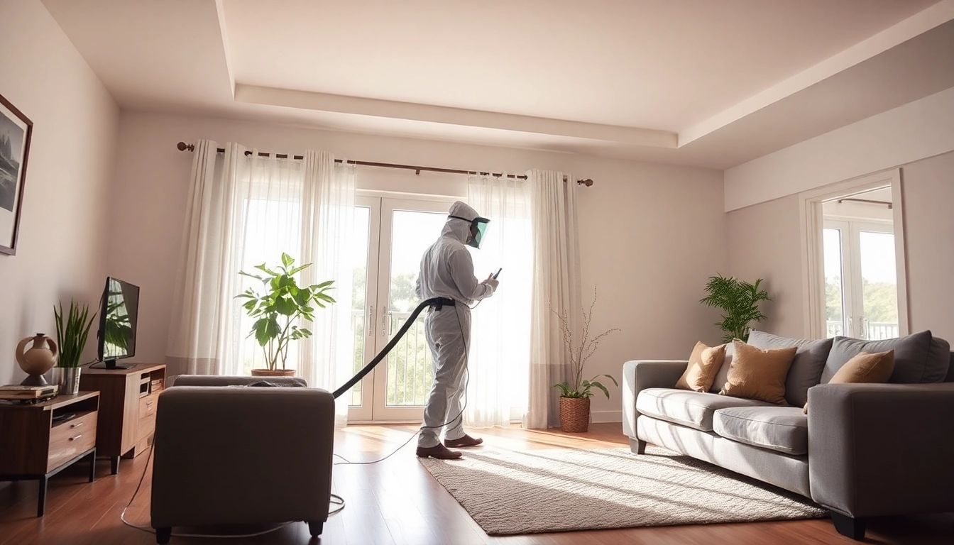 Technician performing bed bug heat treatment with advanced equipment in a modern living room.