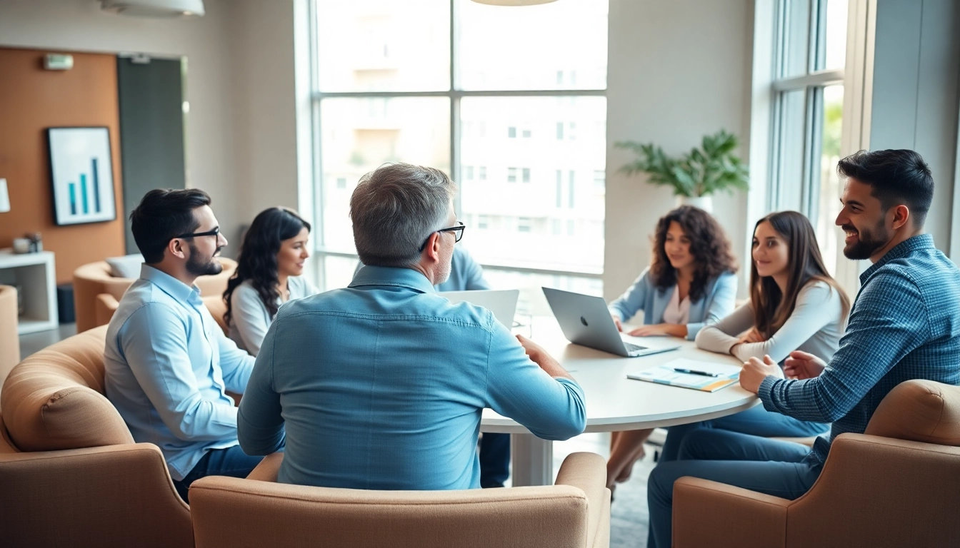 Business coach Los Angeles engages clients in a collaborative conversation in a modern office.