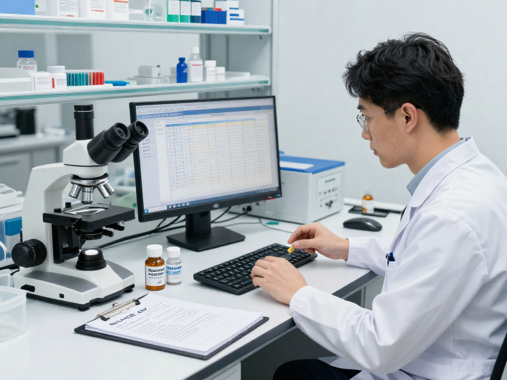 BPC 157 TB 500 Blend analyzed in a laboratory by a healthcare professional surrounded by precision compounds and research data.