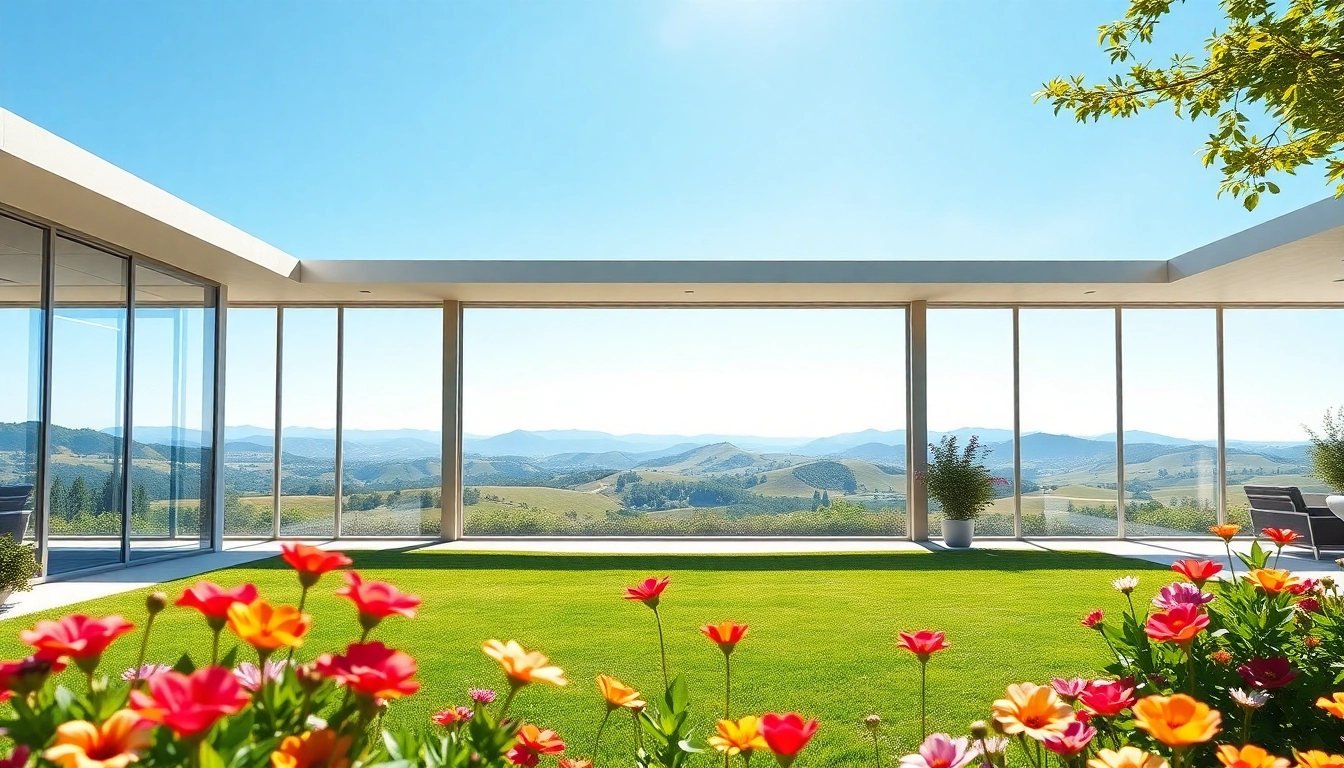 Showcase of a luxurious modern Real Estate property with scenic landscaping and bright sunlight.