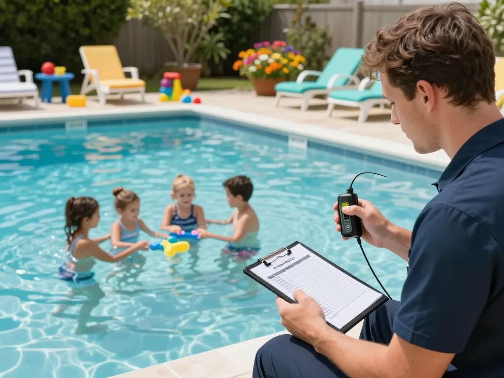 Dolphin Pool Services technician providing maintenance in a sunny Virginia pool with family enjoying the water.