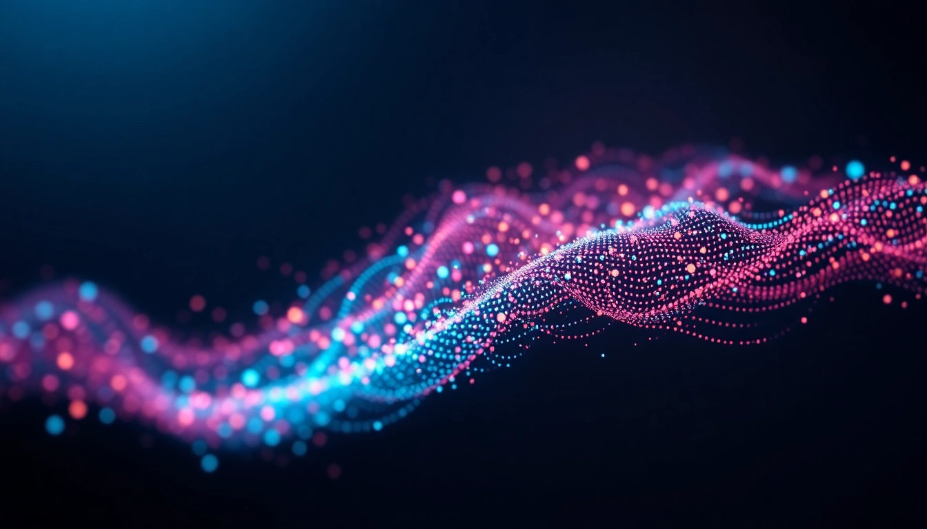 Visual representation of colorful information streams flowing in a digital landscape.