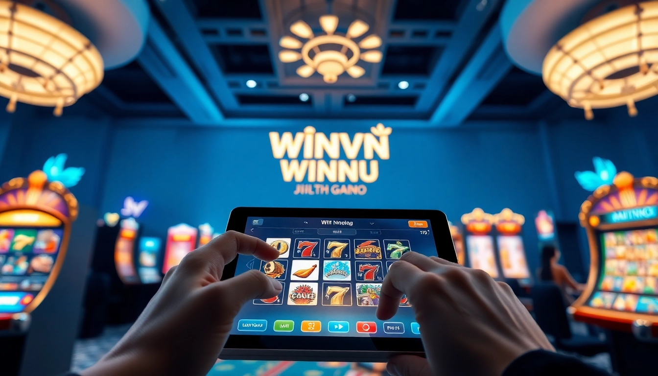 Cổng game cá cược Winvn showcasing a vibrant gaming interface on a tablet, inviting players to join.