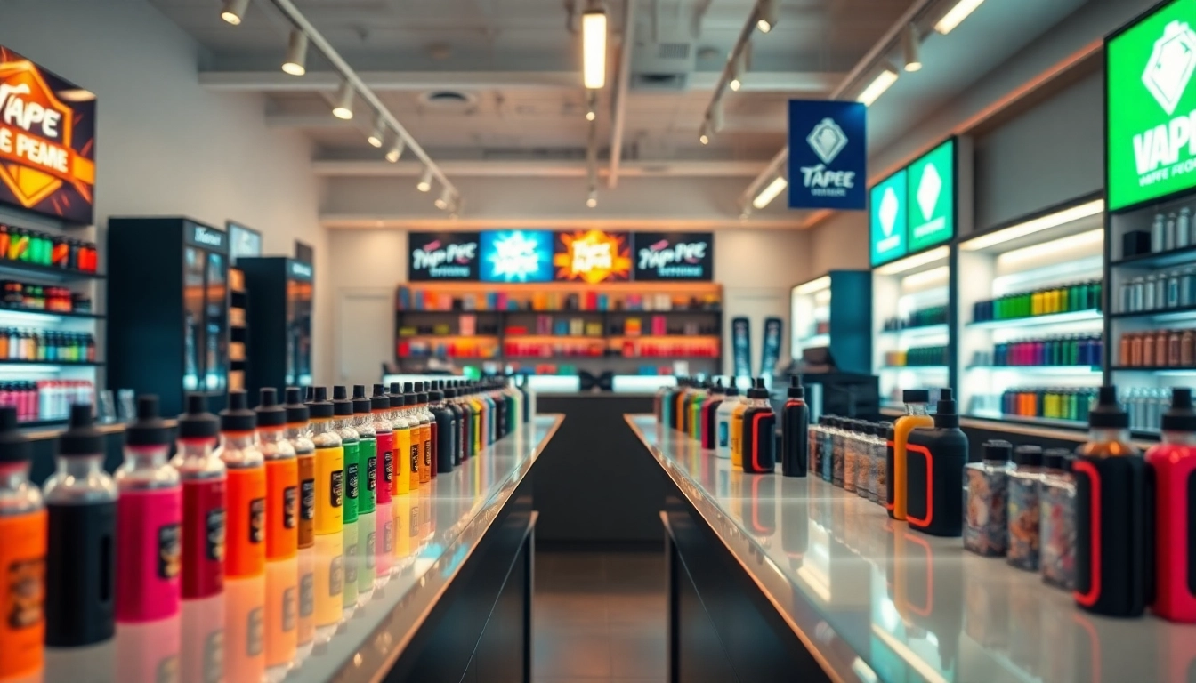 Showcasing diverse products at Vape Juice Depot, a vibrant vape shop bustling with activity.