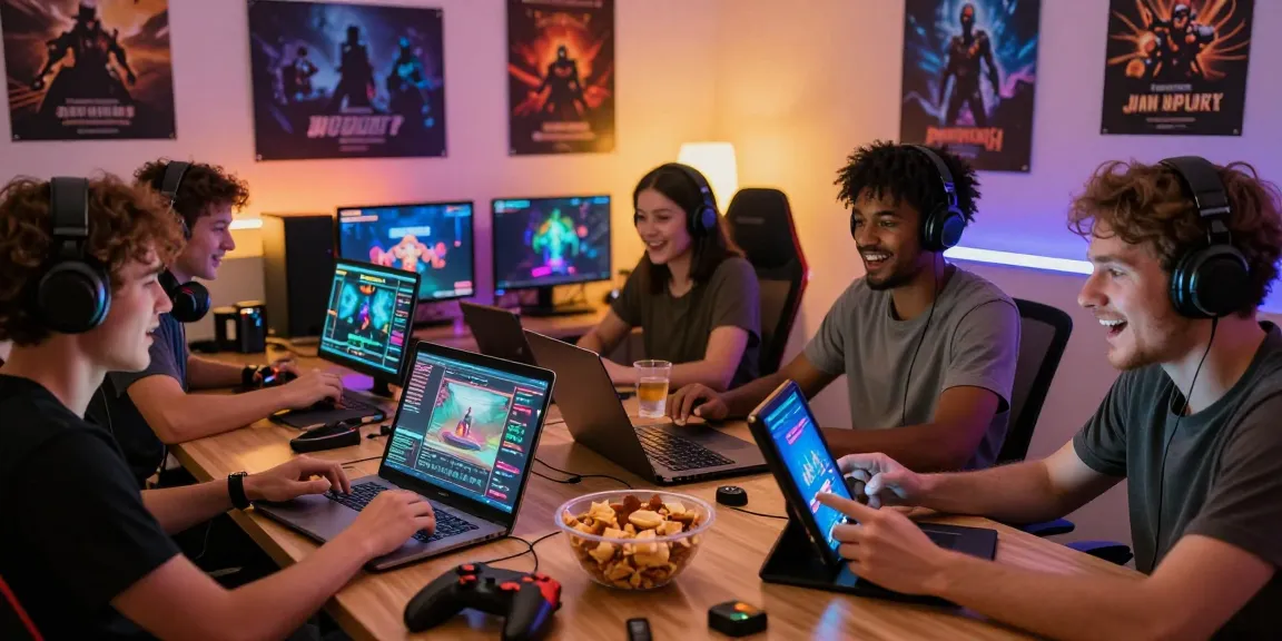 Engaged gamers playing free porn games on various devices in a cozy setting.