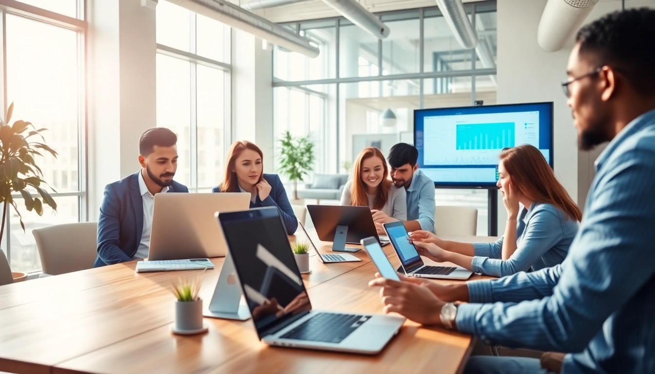 Showcase of enterprise search solutions in a collaborative workspace highlighting team interaction and digital interfaces.