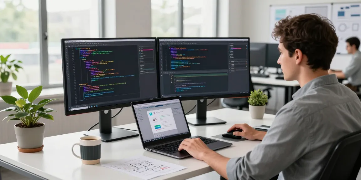 Software engineer coding at a modern workspace with dual monitors showcasing cika4d app design and collaborative project notes.