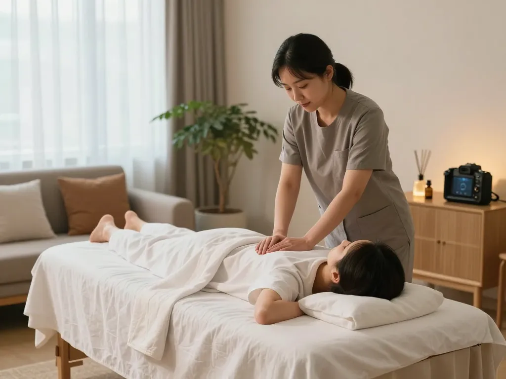 부천 출장마사지 session in a calming home setting with therapist and client relaxing.