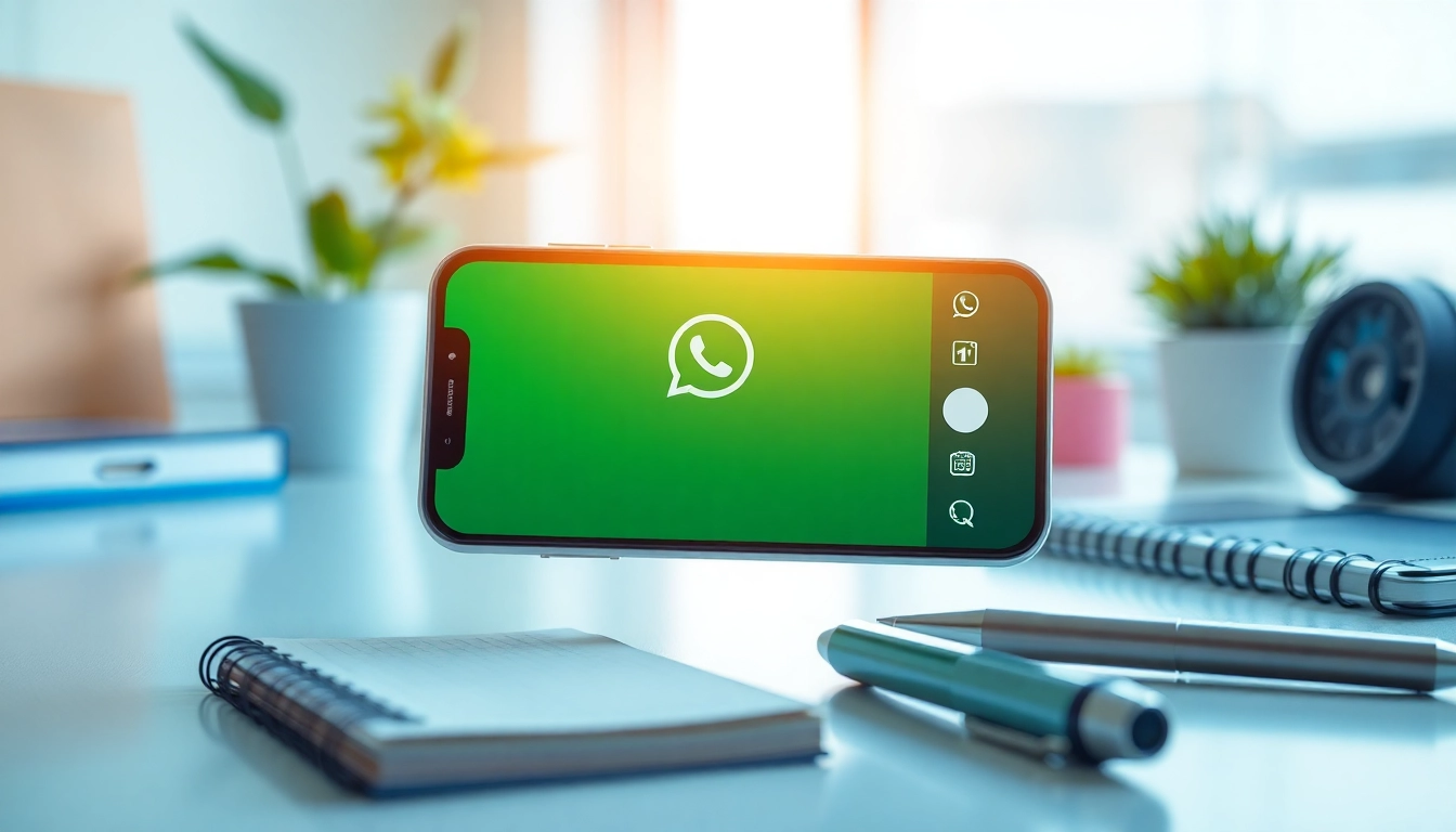 FM WhatsApp mobile app interface showcasing advanced features in a modern workspace.