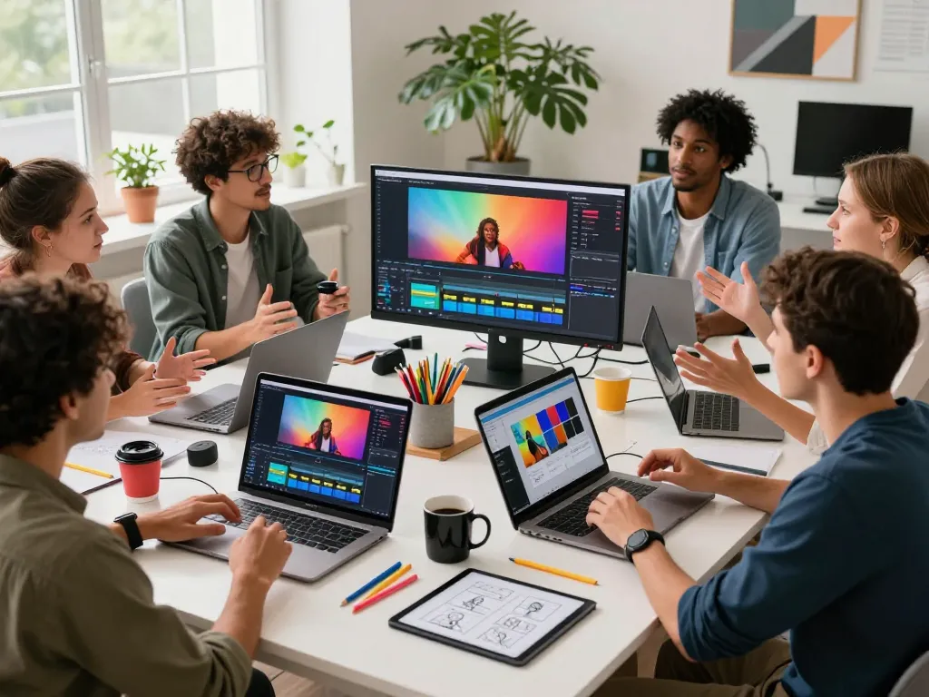 Team collaborating on video projects using Seedance 2.0 in a bright digital workspace.