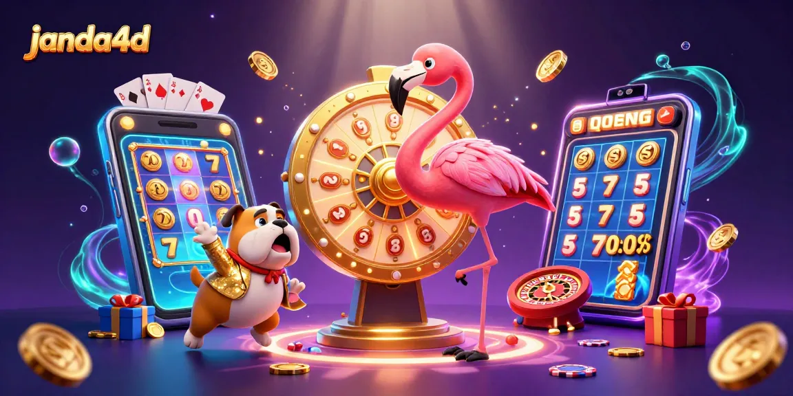 Janda4d menghadirkan keceriaan permainan slot dengan flamingo, bulldog, dan kucing di panggung.