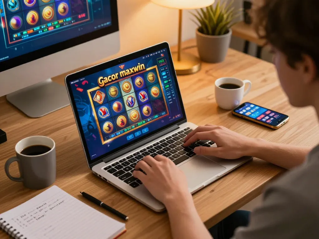 Engaging in slot gacor maxwin gameplay on a laptop with warm lighting and cozy atmosphere