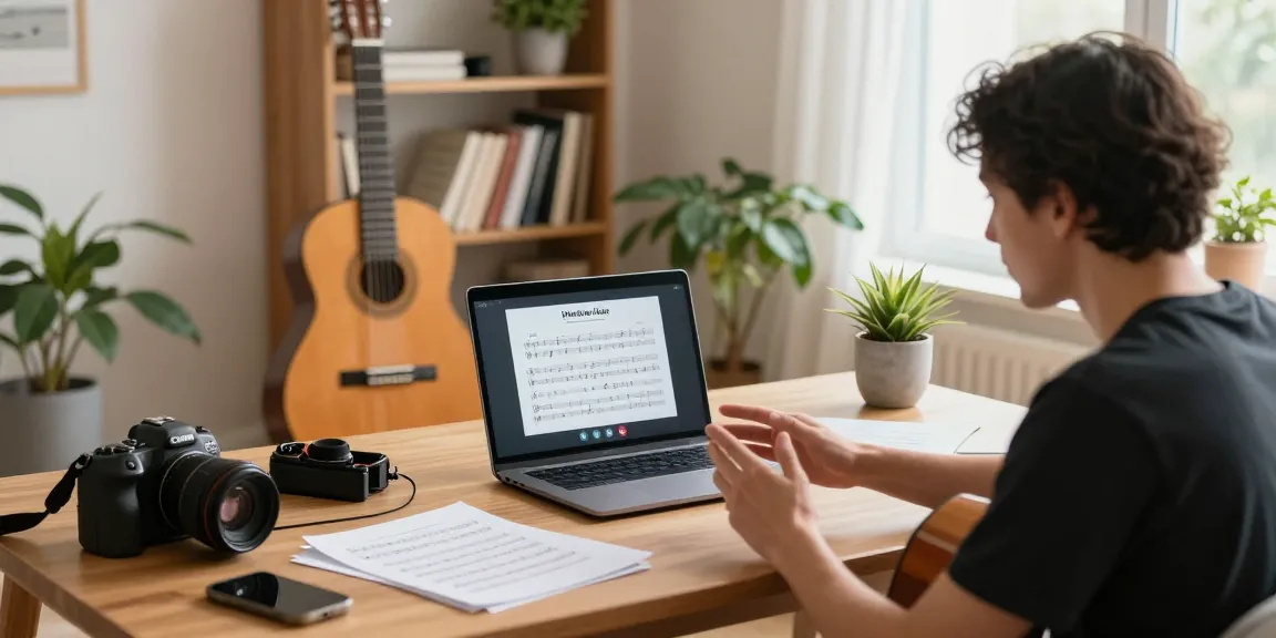 Engaging Zoom Classical Guitar Lessons in a cozy home studio with classical guitar and teaching materials.