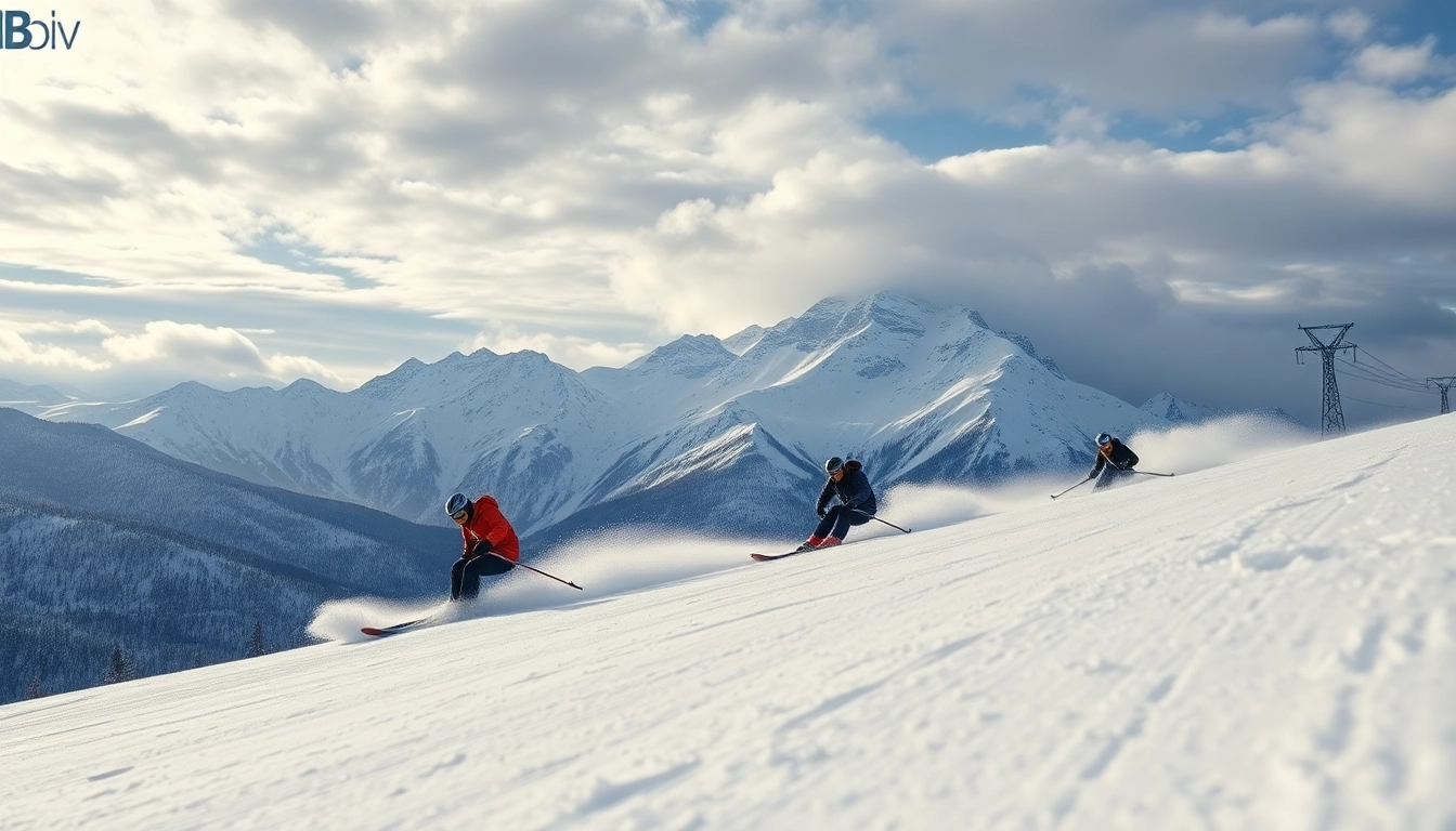 Skiers navigating through a Blizzard, showcasing speed and excitement on snow-covered slopes.