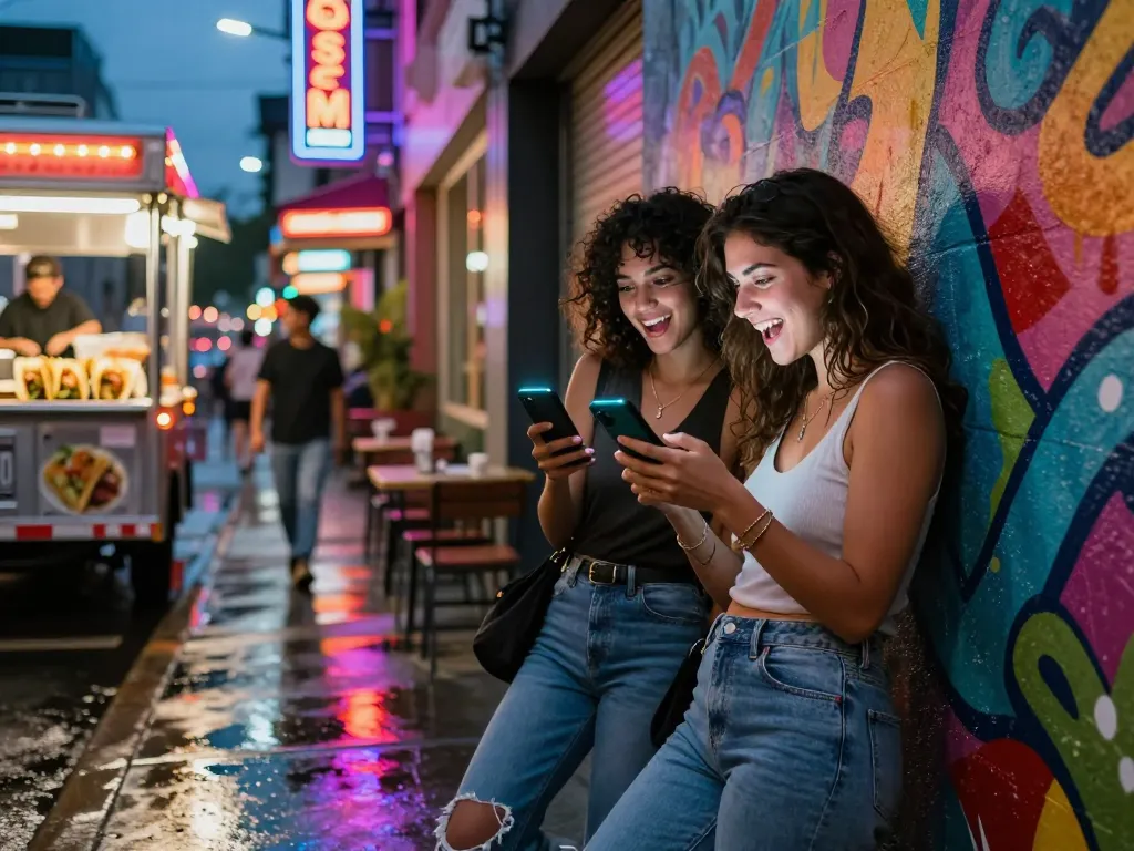 Friends enjoying lively nsfw ai chat on smartphones at urban night scene with neon lights.