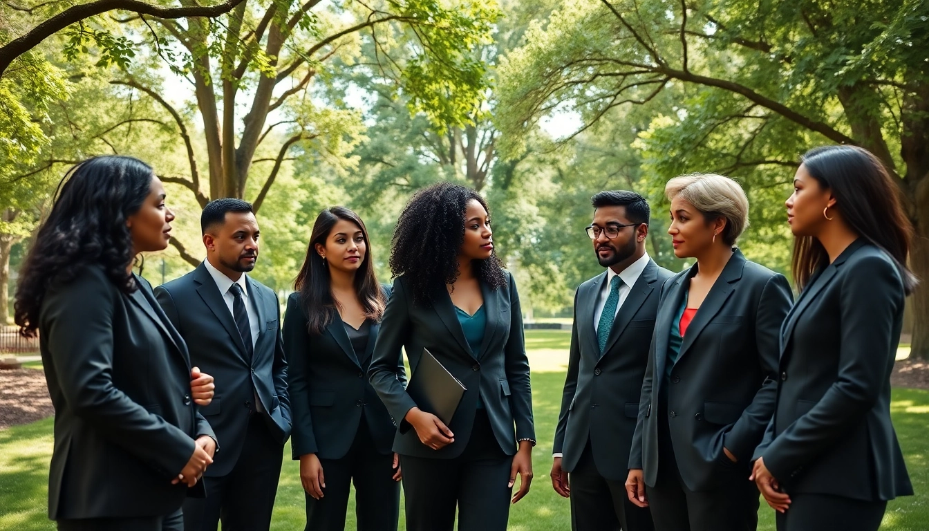 Environmental law firm team collaborating outdoors in a green setting, fostering teamwork and commitment.