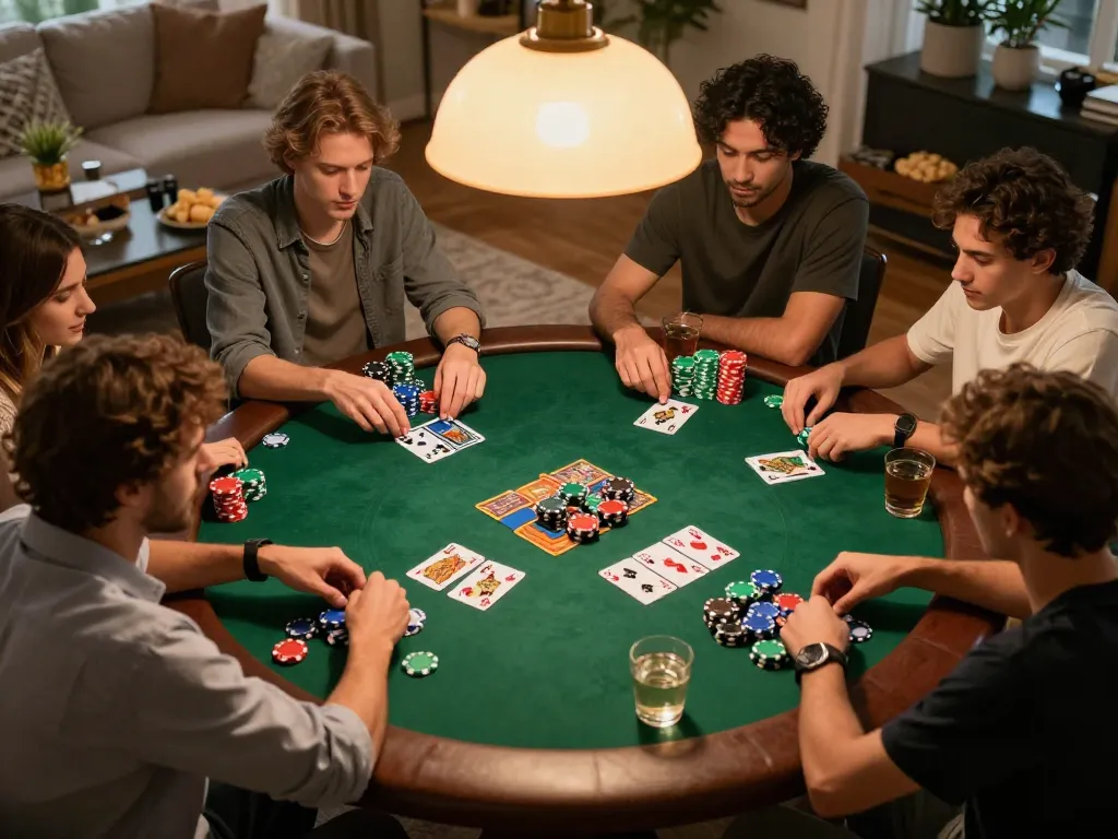Friends engaged in an intense poker game at home, showcasing strategic play and the excitement of TG88 gaming night.