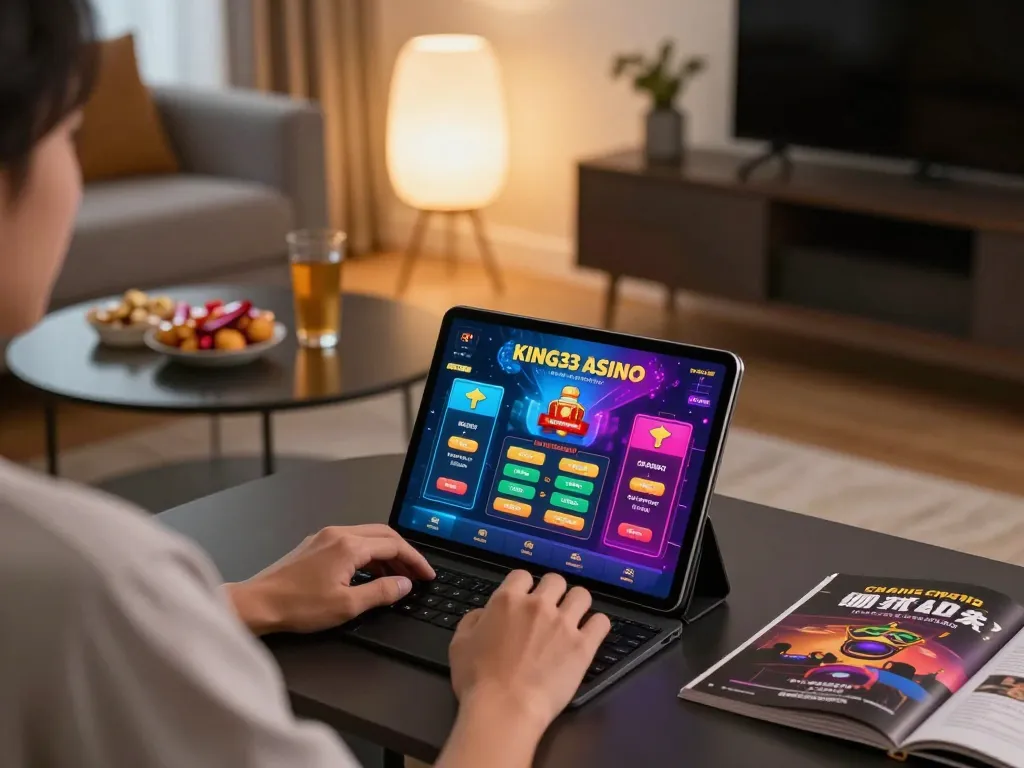 Engaged user playing on the king33 casino app on a tablet in a cozy home setting, surrounded by snacks and a betting strategy guide