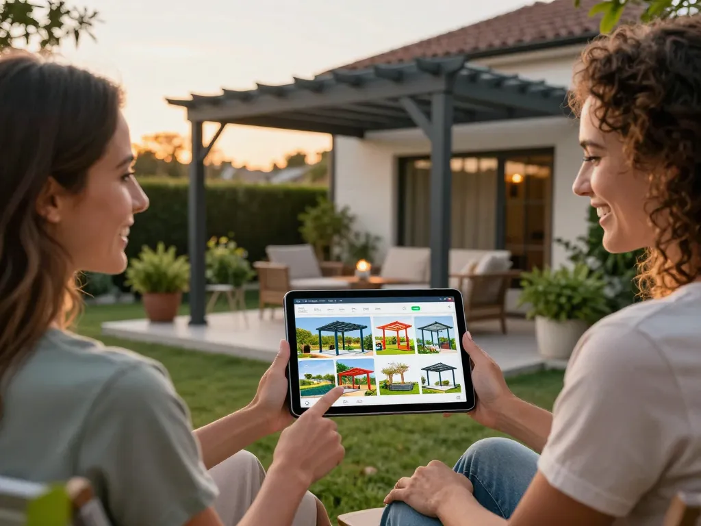 Couple using a configuratore 3D per pergole on tablet to design their perfect outdoor pergola in a serene garden atmosphere.
