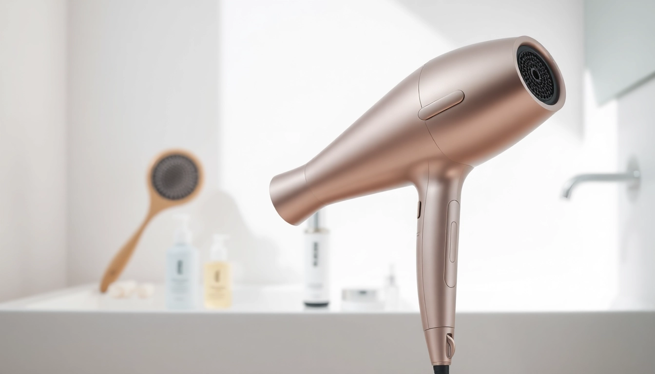 Beauty routine featuring a hair dryer for frizzy hair and tools in an elegant bathroom.