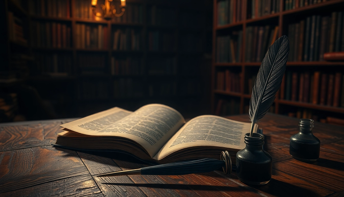 Inspiring view of an open Thriller book surrounded by an intriguing library atmosphere.