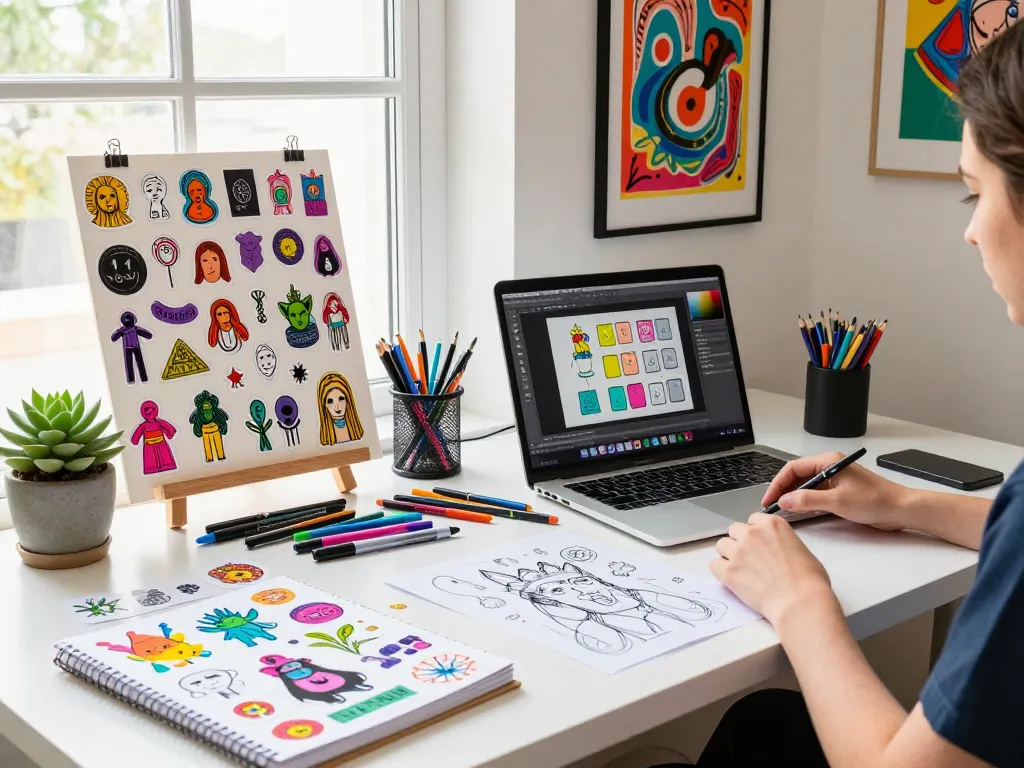 Designer creating custom stickers in a bright creative workspace with colorful samples and artistic tools.