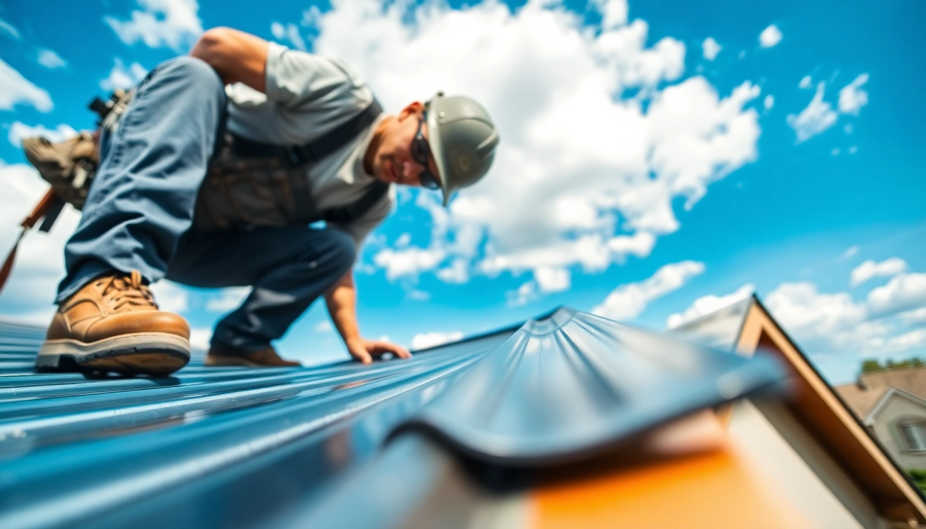 A metal roofing company installing panels on a residential building, demonstrating quality craftsmanship.