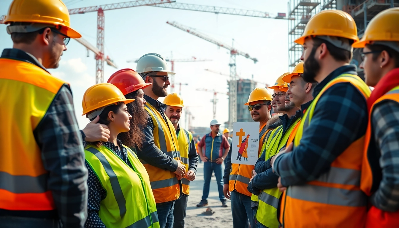 Construction safety training session with engaged workers on a busy site emphasizing teamwork.