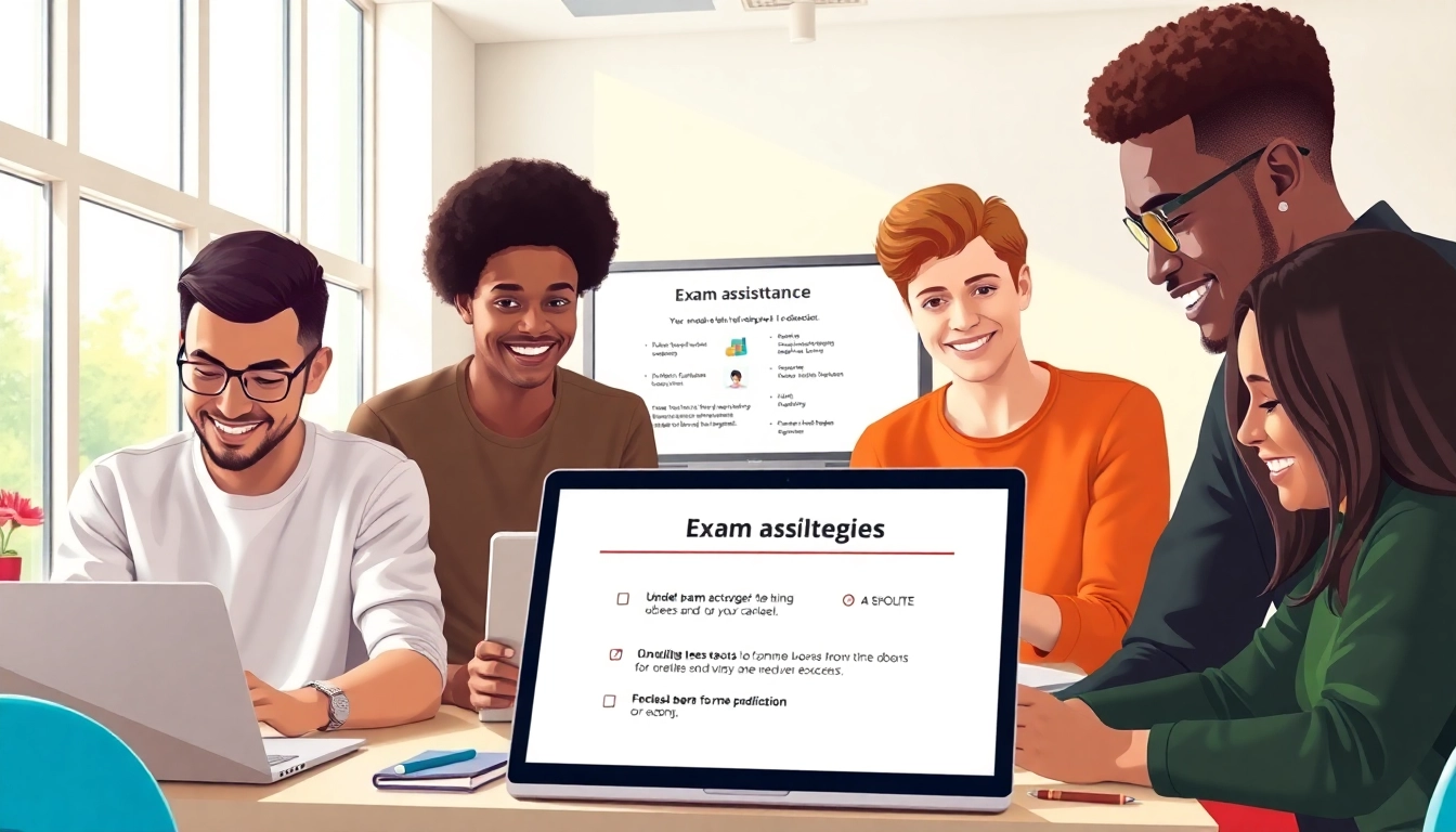 Students collaborating in the exam assistance industry, showcasing diversity and modern learning tools.
