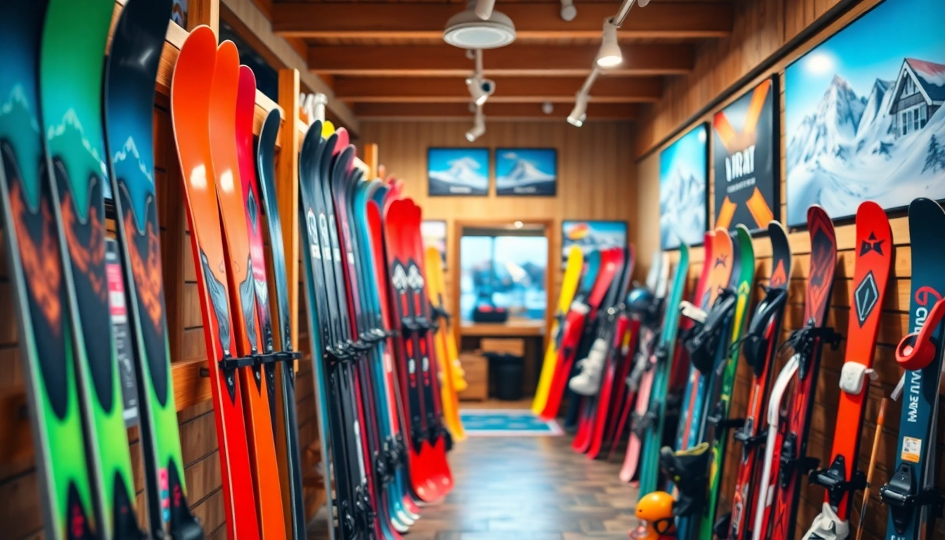 Ski shop Salem, NH featuring colorful ski and snowboard displays in a cozy environment.