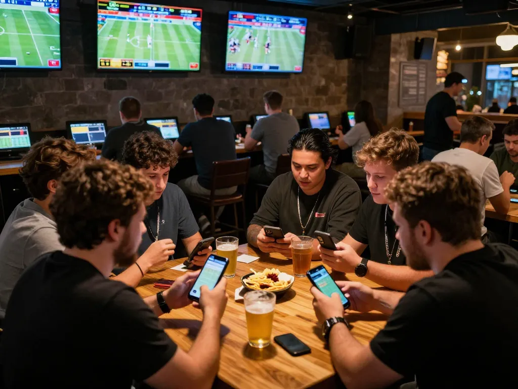 Exciting sports betting scene with friends analyzing game stats using nano banana flash technology in a vibrant sports bar.