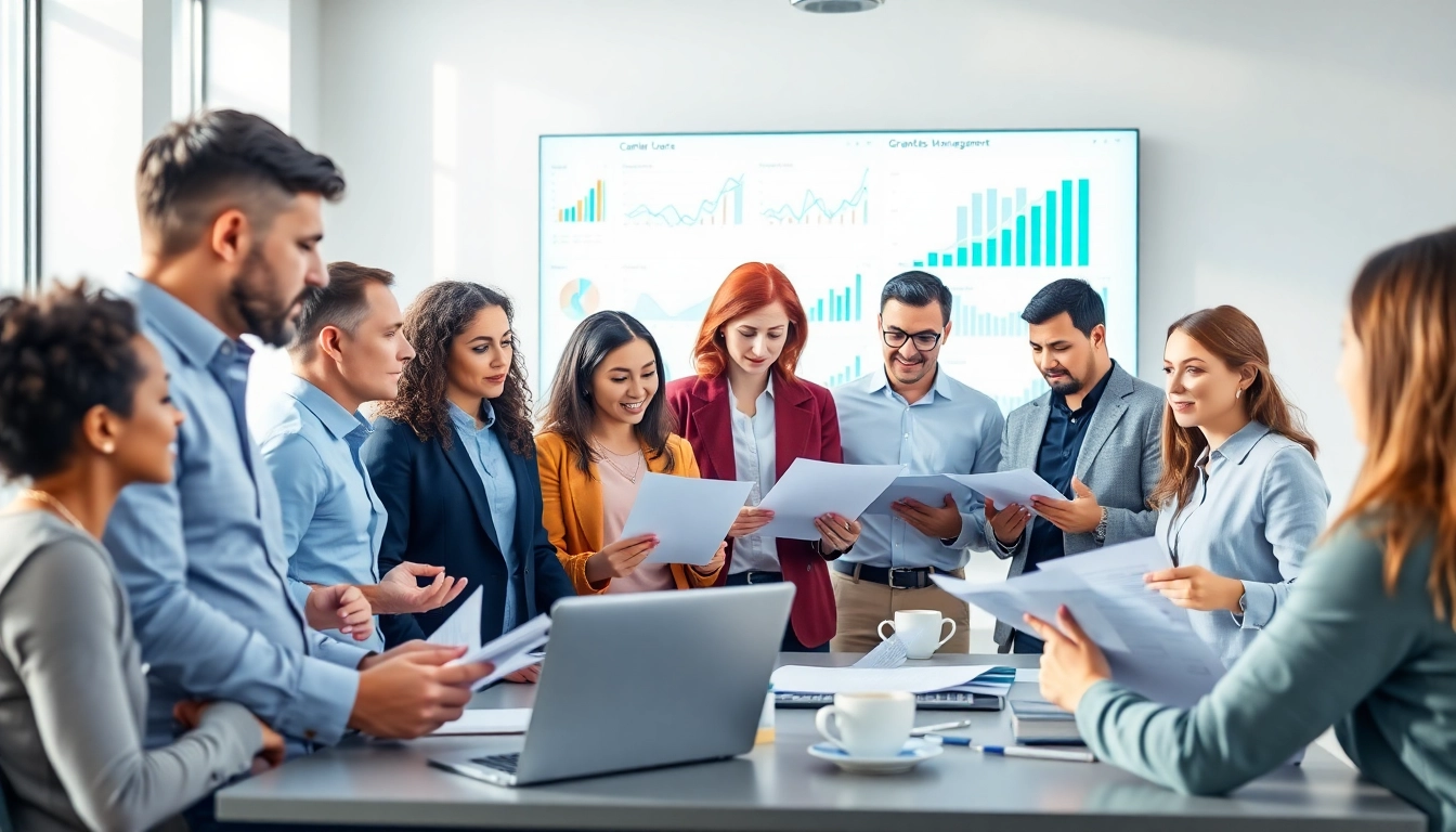 Engaged professionals analyze contracts and grants documents in a collaborative workspace.