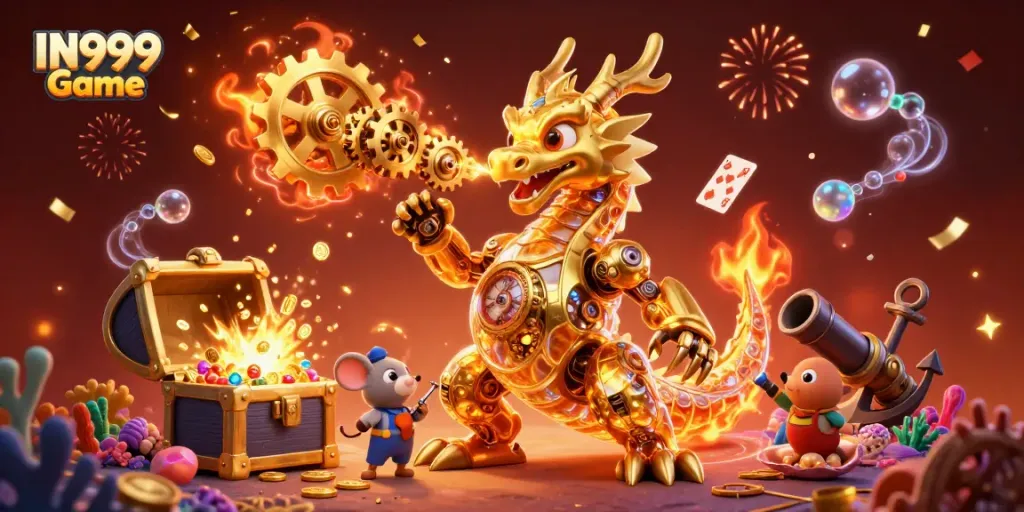 Experience the thrill of the IN999 Game with a vibrant 3D illustration of a golden dragon and treasure.