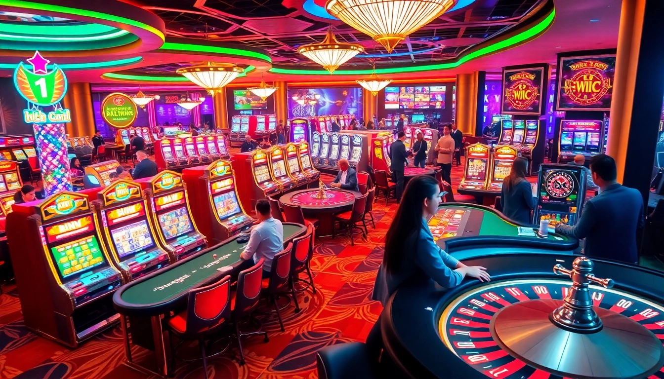 Experience the vibrant gambling world of KJC AC 1 with players enjoying casino tables and slot machines.