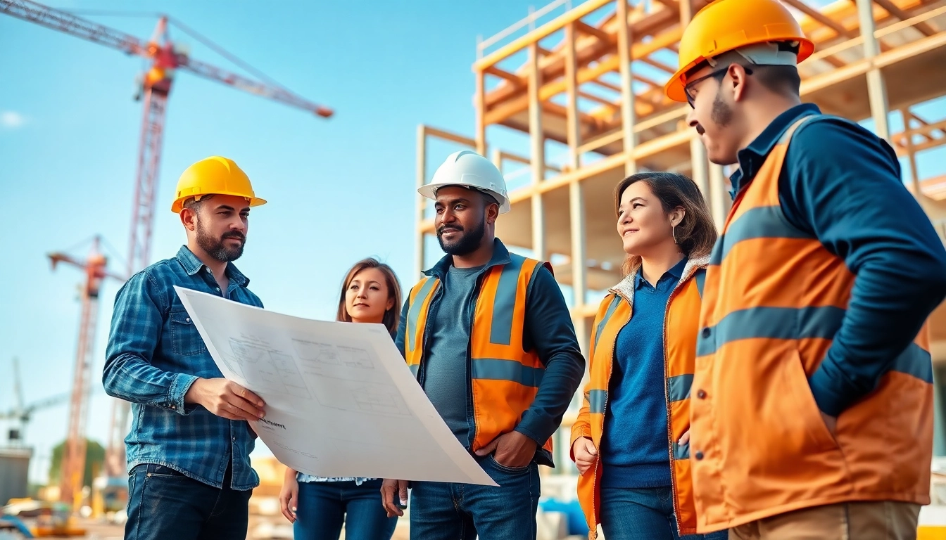 Construction association workers collaborating on a building site, showcasing teamwork and diversity.