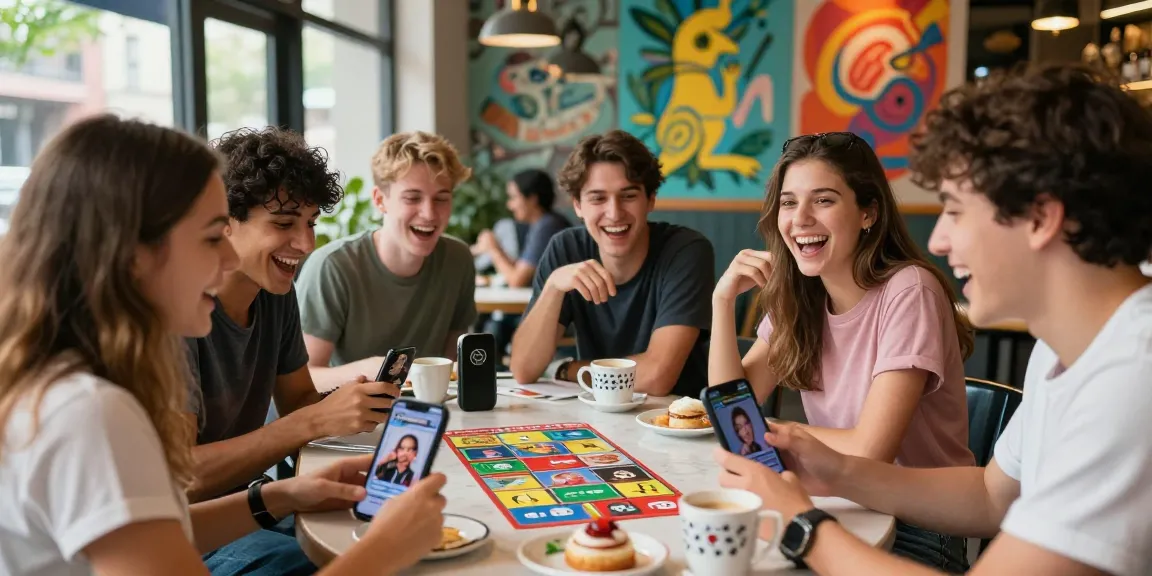 Engaged group playing Smash or Pass at a café with AI images.