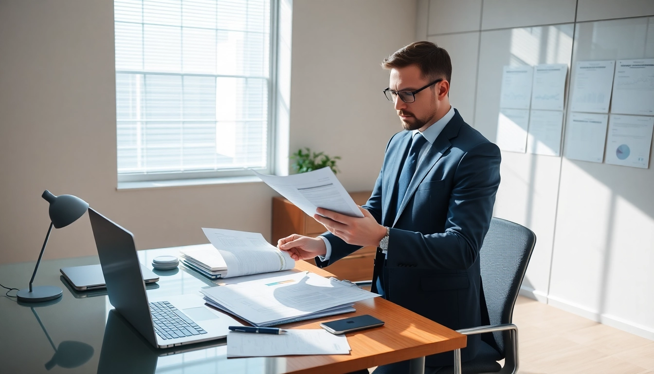 Professional SMSF auditor reviewing financial documents in a sunlit office.