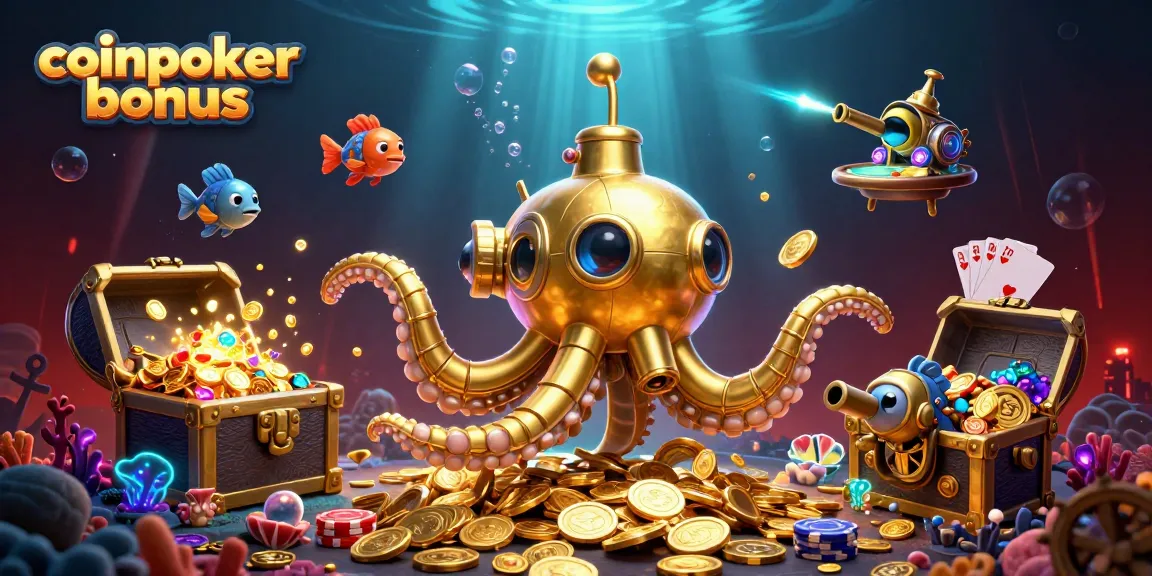 Gioca e vinci con l'coinpoker bonus, meravigliosa illustrazione di un kraken e pesci meccanici in un mare di monete d'oro.