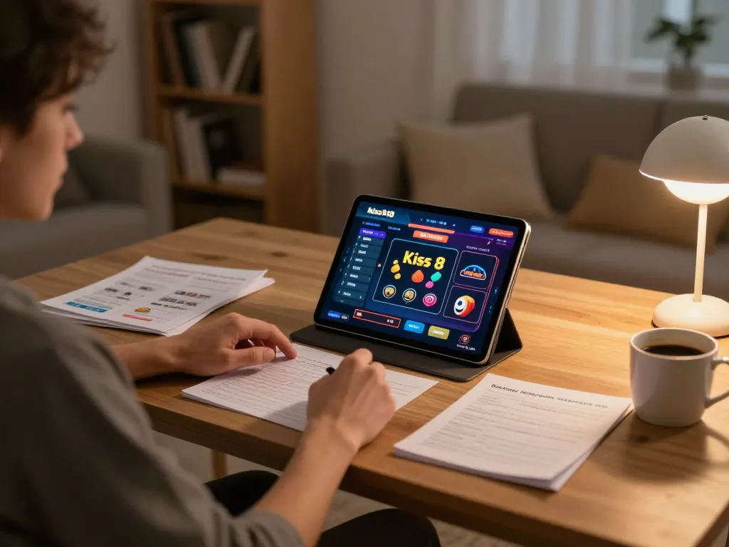 Memainkan kiss918 apk original di tablet semasa sesi permainan di rumah dengan nota strategi