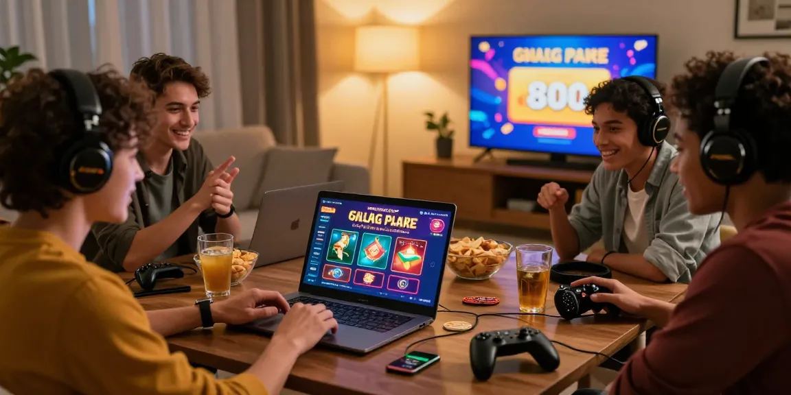 Scène passionnante d'amis profitant d'un casino en ligne sans wager chez eux, s'engageant avec des jeux en direct et des graphismes vibrants.