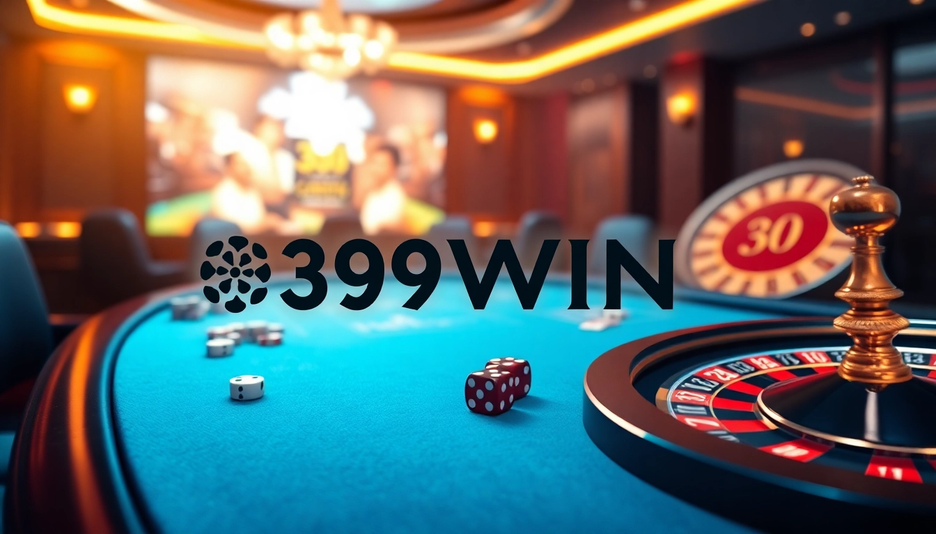 389WIN casino gaming scene with poker chips and roulette wheel for an exciting experience.